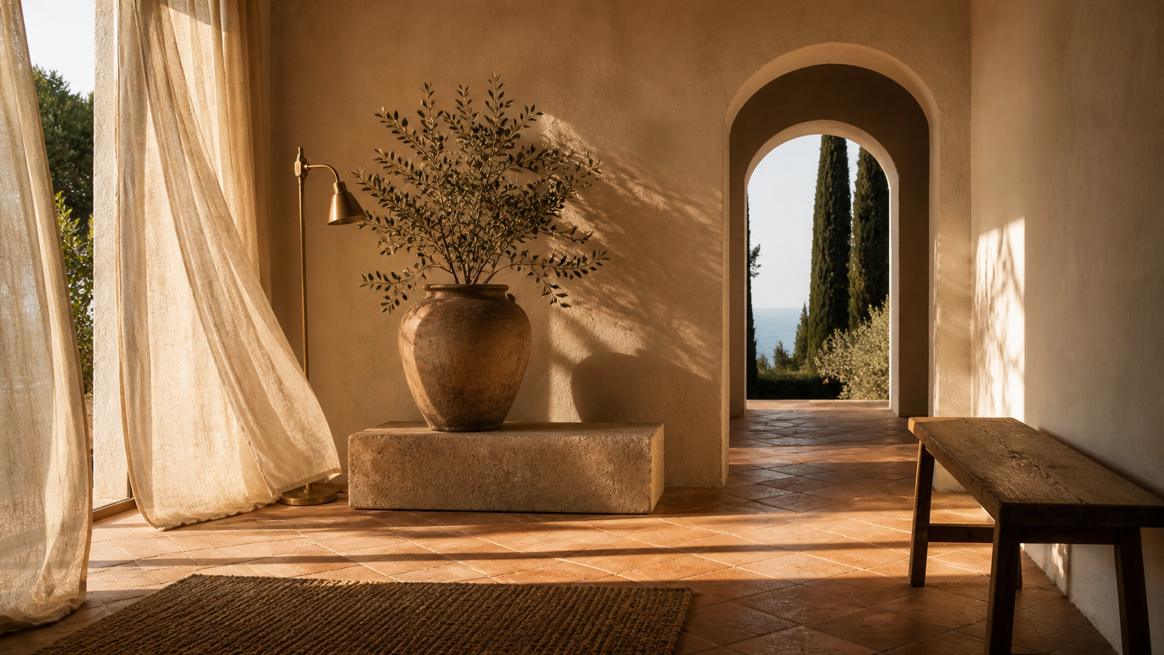 Curateur Atelier — sun-drenched Mediterranean villa interior with linen curtains and terracotta floors